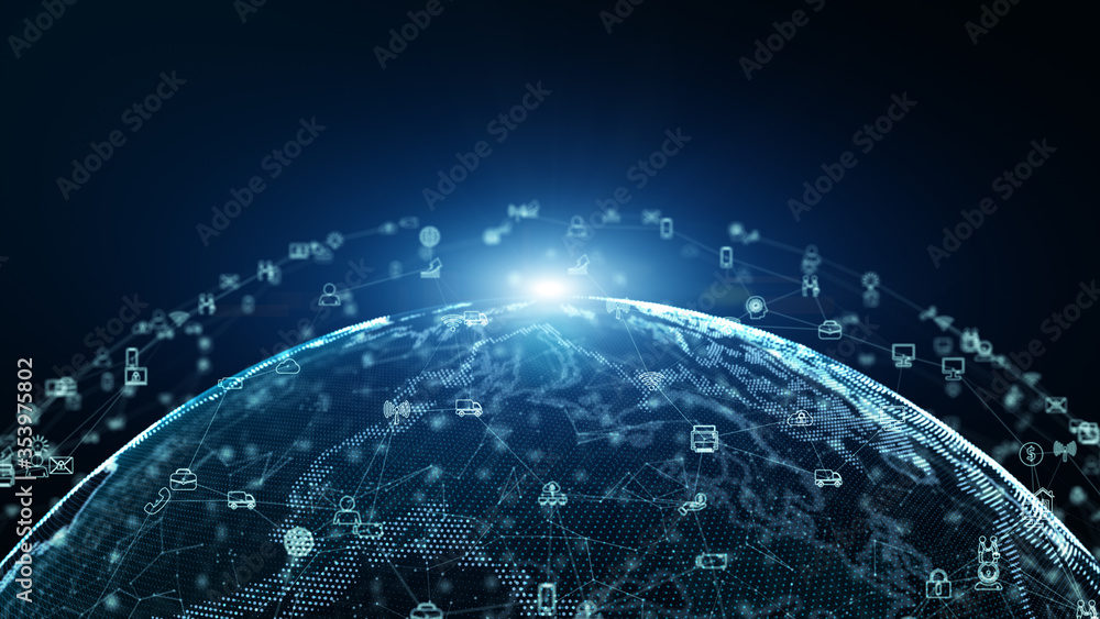 Aufkleber Digital data network connections with icon of global communication. high-speed connection data analysis. Business contacts and network data exchange background concept.