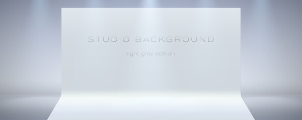 Empty studio in high key with spotlights beams. The ray of the searchlight in the air and floor. Studio room. Modern background for showing of brand or product. Vector 3d illustration