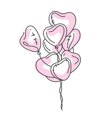 Beautiful Balloons in the shape of heart. Minimal design of romantic love symbol. Continuous line single hand drawn. Valentine's day. Template for love cards and invitations. Logo. children holidays