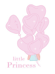 Illustration of Little Princess text for girls clothes. Sweet girl with balloon in the shape of heart. Brilliant greeting card, poster, T-shirt. Inspirational quote. Feminine calligraphy.