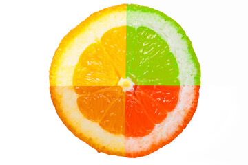 orange fruit in four colors ripe unripe semiripe red yellow green half cut isolated for background