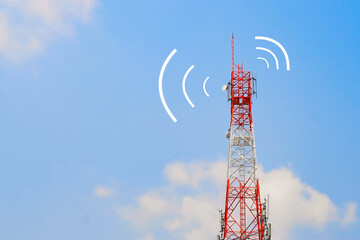 Red signal phone antenna tower and blue sky with white line curve signal with copy space.