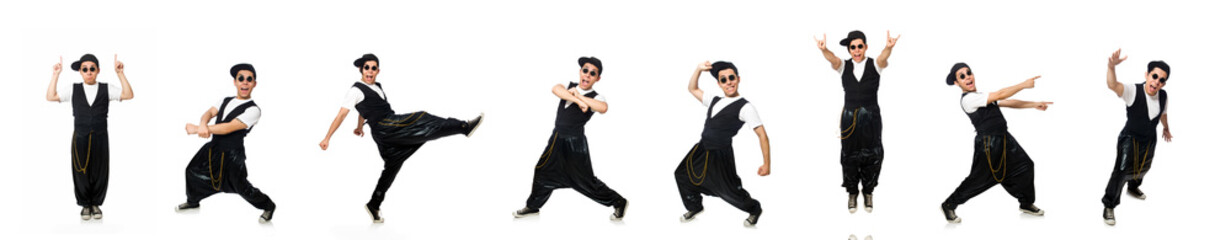 Funny young man dancing isolated on white