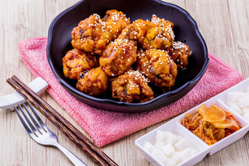 Fried chicken with kimchi korean food