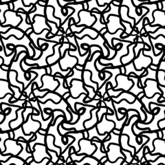 Square background pattern from black curls and swirls chaotic lines. Vector illustration on white background.