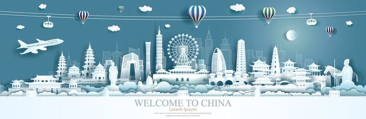 Travel China landmarks of Beijing, Taiwan, Xian with panorama city.
