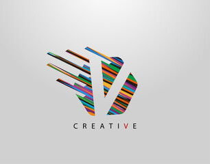 Fast V Letter Logo. Creative Modern Abstract Geometric Initial V Design, made of various colorful pop art strips shapes