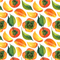 Watercolor seamless pattern of persimmon on a white background. Floral illustration for wrapping paper, textiles, greeting cards and invitations.