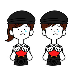 お金に困って財布を持つ男女の店員