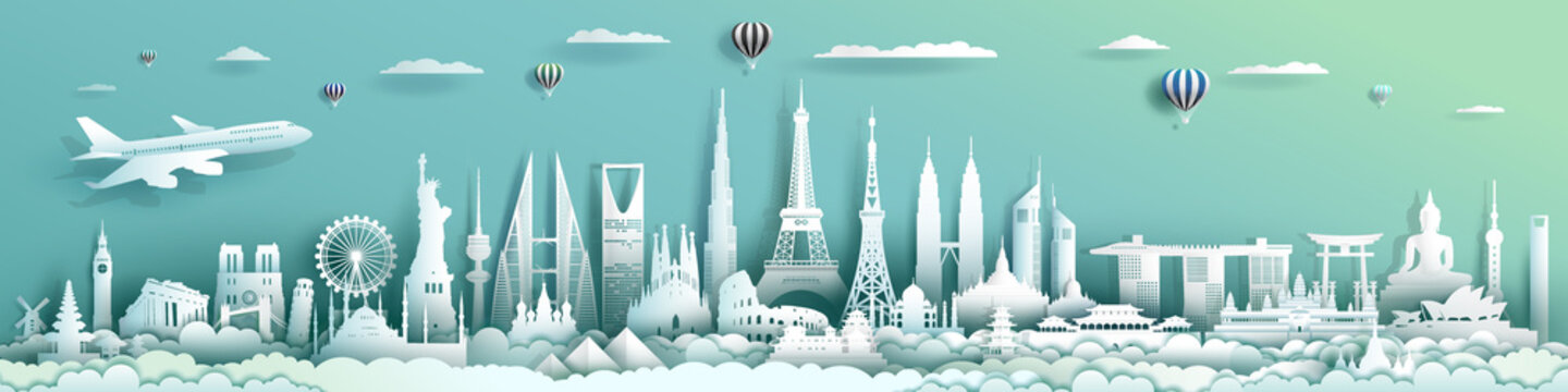 Travel landmarks architecture world with turquoise background.