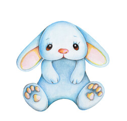 Little bunny rabbit hare. sitting, blue and pink. Watercolor, hand drawn, isolated.