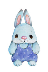 Watercolor illustration of bunny rabbit hare in blue pants, isolated.
