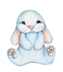 blue baby bunny rabbit hare, watercolor isolated illustration.