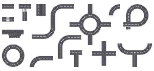 Street and road with footpaths and crossroads. elements for city map. Top view road elements. Street junction and roads objects. Set of street road