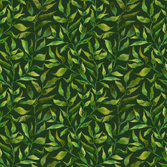 Seamless pattern with stylized leaves. Floral endless pattern filled with green leaves. Fresh greenery background, wallpaper, textile print. Watercolor hand drawn illustration on a dark background.