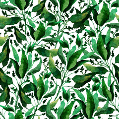 Fototapeta na wymiar Seamless pattern with stylized leaves. Floral endless pattern filled with green leaves. Fresh greenery background, wallpaper, textile print.Watercolor hand drawn illustration on a white background.