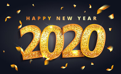 2020 Happy new Year lettering luxury premium black template with golden Christmas ball in sparkling background. Happy New Year card design. Vector illustration EPS 10 file.