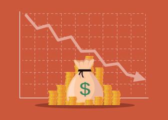 Pile coins and money bag with going down economic graph. Concept for financial and economy crisis - Vector and illustration