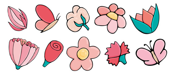 cute flowers in pink gentle colors, vector set of doodle elements