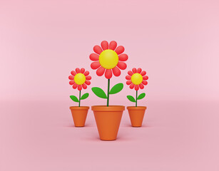 cartoon style Flower pots isolated on pastel pink background. minimal icon, symbol. gardening concept. 3d rendering