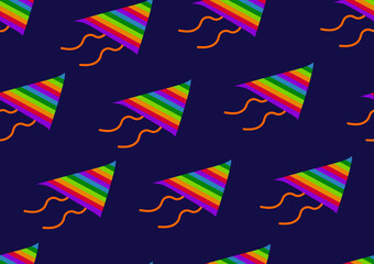 Hand drawing seamless pattern of flying colorful kites on deep blue background. Using for textile print, page fill. The way to success, vision, mission, and milestones repeating pattern concept.