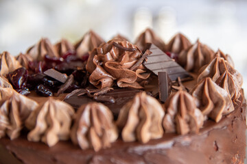 Close up on beautifully decorated and presented chocolate fudge cake with stunning topping. 