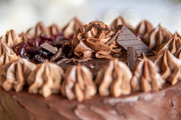 Close up on beautifully decorated and presented chocolate fudge cake with stunning topping. 