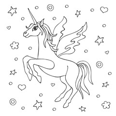 Unicorn with wings hand drawn by a black line. Decoration. Staining. Isolated object white background. Children's vector illustration for postcard, social network, print t-shirt.