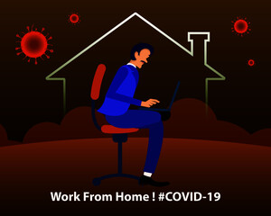Man doing work from home due to Covid-19. Stay home save lives. Home quarantine. Grow economy, save natural resources and fight with corona virus. Poster, banner, flyer, social media post graphic.