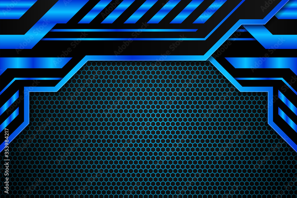Poster abstract glowing blue and black hexagon pattern background. futuristic black reflective surface mode