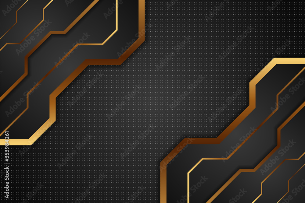 Poster abstract golden and black geometric background vector. transparency white dot pattern. gold line gra