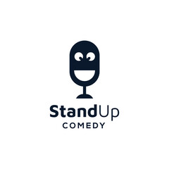 standing microphone with funny face symbol for stand up comedy logo