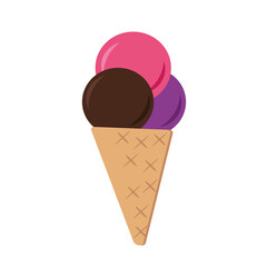 ice cream in a waffle cone. three multi-colored balls. single element in vector flat style, sweet dessert