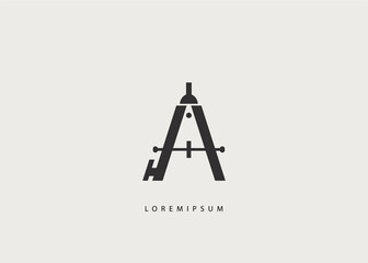 letter A logo template. Initial A Icon template, and Beam compass vector, measure circle tool illustration symbol. 