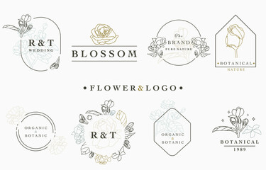 flower logo collection with leaves,geometric,circle,square frame.Vector illustration for icon,logo,sticker,printable and tattoo