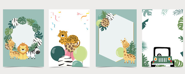 Green collection of safari background set with leopard,zebra,giraffe,lion.Editable vector illustration for birthday invitation,postcard and sticker.Wording include wild one