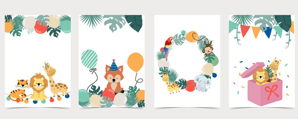 Green collection of safari background set with monkey,fox,giraffe,tiger.Editable vector illustration for birthday invitation,postcard and sticker.Wording include wild one