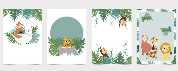 Green collection of safari background set with monkey,fox,giraffe.Editable vector illustration for birthday invitation,postcard and sticker.Wording include wild one © piixypeach
