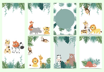 Green collection of safari background set with monkey,fox,giraffe.Editable vector illustration for birthday invitation,postcard and sticker.Wording include wild one - obrazy, fototapety, plakaty