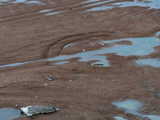 Traces of the tread of a car on a clay coast of a reservoir