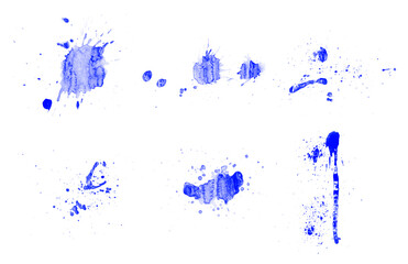 Abstract set of blue paint brushes. Beautiful splash, blot and drops brushes