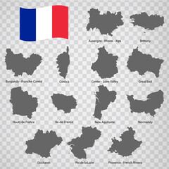 Thirteen Maps  Regions of France - alphabetical order with name. Every single map of  Region are listed and isolated with wordings and titles. French Republic. EPS 10.