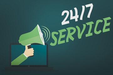 Word writing text 24 Or7 Service. Business photo showcasing providing an assistance that is available all the time Hu analysis Hand Coming out of PC Monitor Holding Megaphone with Volume Icon