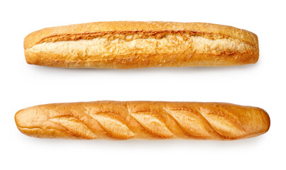 Baguettes isolated on white background. Top view of breads.