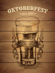 Hand drawn illustration of beer mug. Oktoberfest bavarian beer mug poster vintage poster with wooden dark background . Oktoberfest celebration design