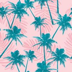 tropical palm trees on a pink background seamless pattern