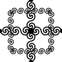 a pattern of geometric shapes of squares, circles, lines, waves, and swirls in black and white on a white background
