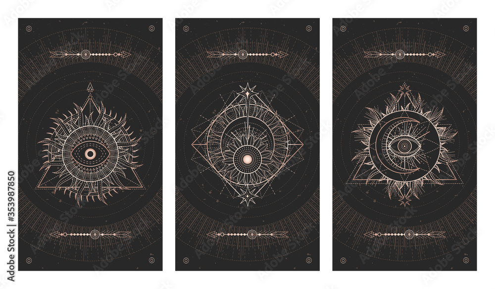 Canvas Prints vector set of three dark illustrations with sacred geometry symbols and grunge textures. images in b