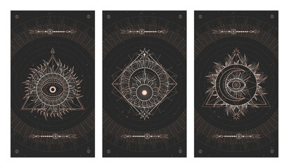 Vector set of three dark illustrations with sacred geometry symbols and grunge textures. Images in black and gold colors. 