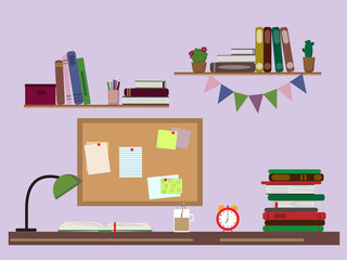 Studying at the workplace, at a table with a lamp. Place in student study room.